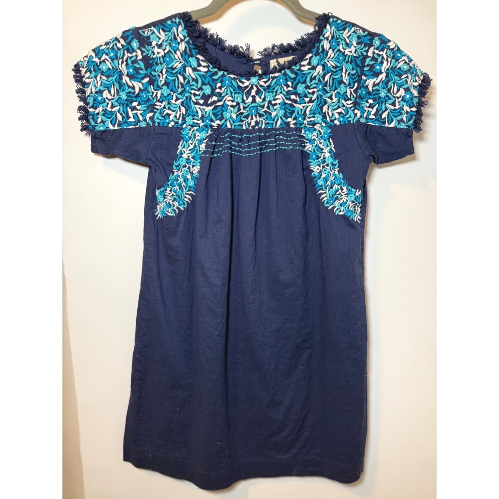 Peek‎ Girls XL 10 Navy Smocked Floral Dress Blue Boho Cottagecore Fringe